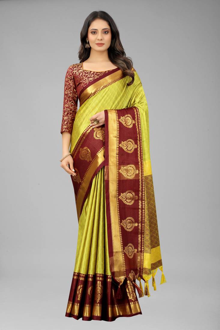 Yellow woven cotton silk saree with blouse