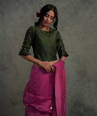 Pink Chanderi Saree With Fullsleeve Blouse 4
