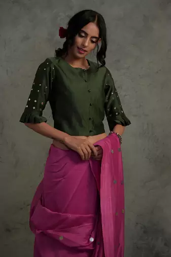 Pink Chanderi Saree With Fullsleeve Blouse