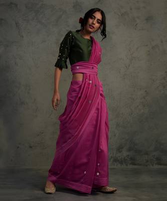 Pink Chanderi Saree With Fullsleeve Blouse 6