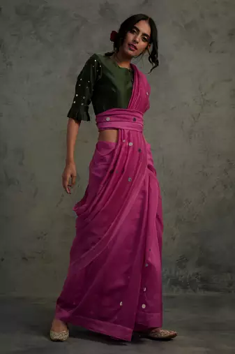 Pink Chanderi Saree With Fullsleeve Blouse