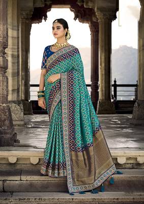 Turquoise woven silk saree with blouse 1