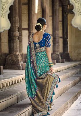 Turquoise woven silk saree with blouse 2