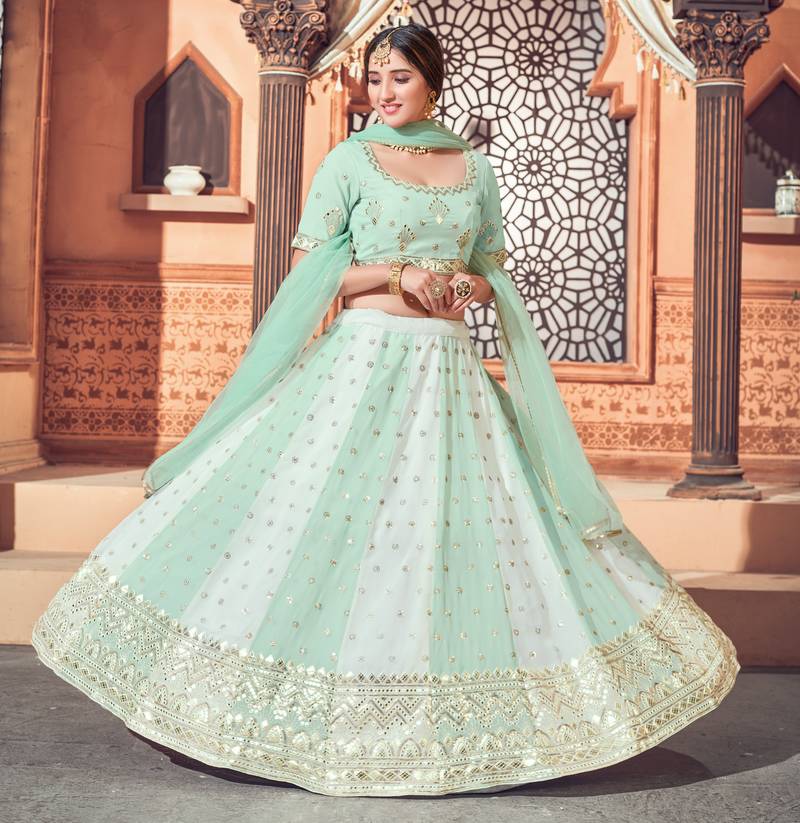 Shubhkala Pista Green Thread And Sequins Embroidered Georgette Wedding Lehenga
