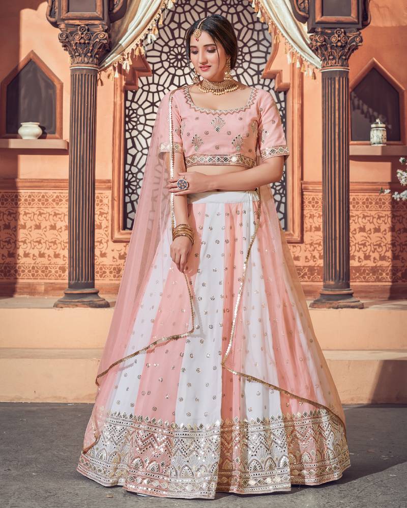 Shubhkala Light Pink White Thread And Sequins Embroidered Georgette Wedding Lehenga