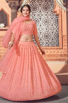 Shubhkala Peach Thread And Sequins Embroidered Georgette Wedding Lehenga