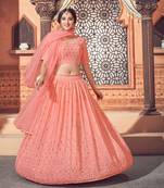 Shubhkala Peach Thread And Sequins Embroidered Georgette Wedding Lehenga