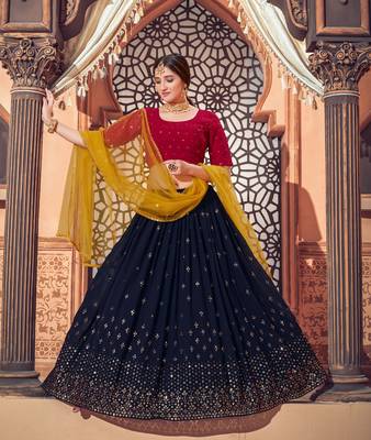 Shubhkala Navy Blue Thread And Sequins Embroidered Georgette Party Wear Lehenga 1