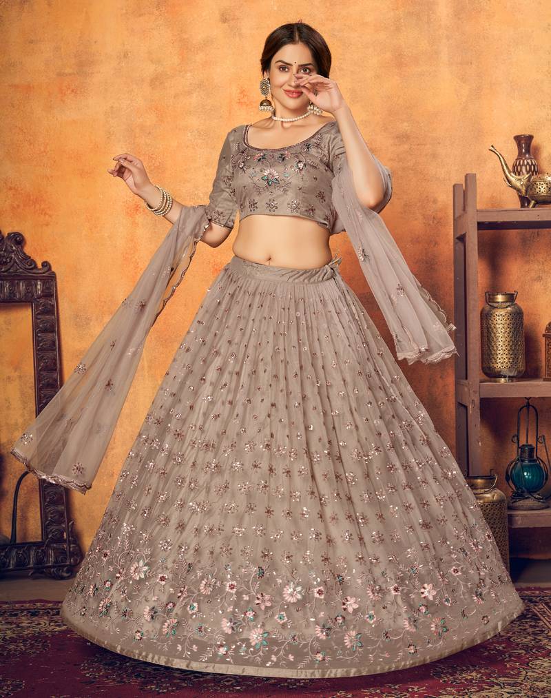 Shubhkala Prepossessing Dusty Rose Pink Thread With Sequins Embroidered Net Semi Stitched Party Lehenga