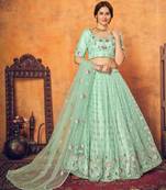Shubhkala Good Looking Mint Green Thread With Sequins Embroidered Net Semi Stitched Wedding Lehenga