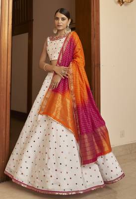 Shubhkala White Thread With Sequance Embroidered With Mirror Work Art Silk Semi Stitched Lehenga 1