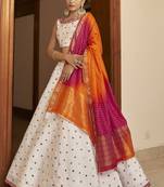 Shubhkala White Thread With Sequance Embroidered With Mirror Work Art Silk Semi Stitched Lehenga