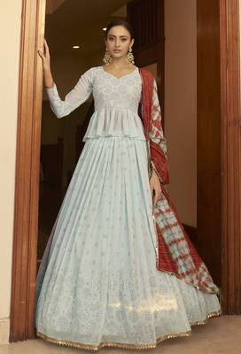 Shubhkala Sky Embellished Mukaish Work Georgette Semi Stitched Lehenga 1