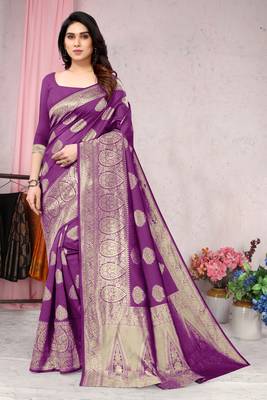 Purple woven Banarasi silk blend saree with blouse 1