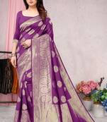 Purple woven Banarasi silk blend saree with blouse