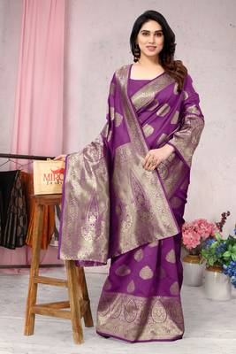 Purple woven Banarasi silk blend saree with blouse 2