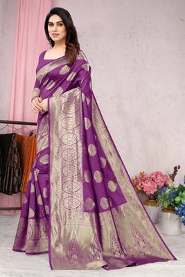 Purple woven Banarasi silk blend saree with blouse 3