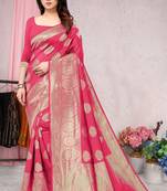 Pink woven banarasi silk saree with blouse