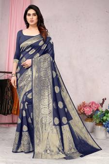 Navy blue woven banarasi silk saree with blouse