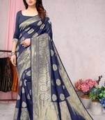 Navy blue woven banarasi silk saree with blouse