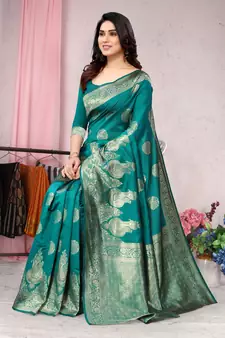 Green woven Banarasi silk blend saree with blouse