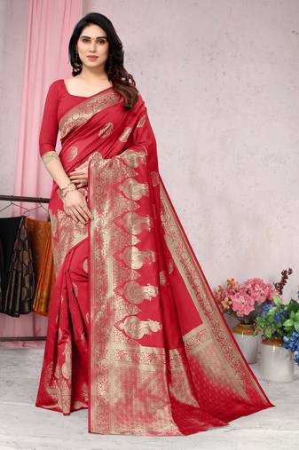 Red woven Banarasi silk blend saree with blouse
