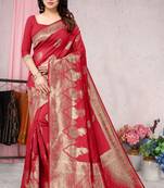 Red woven Banarasi silk blend saree with blouse
