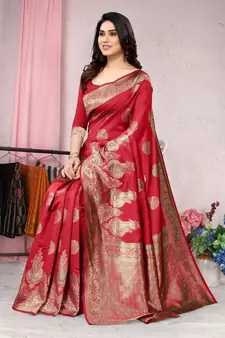 Red woven Banarasi silk blend saree with blouse
