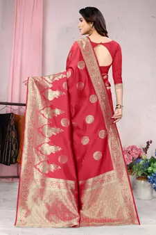 Red woven Banarasi silk blend saree with blouse