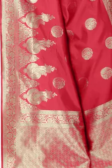 Red woven Banarasi silk blend saree with blouse