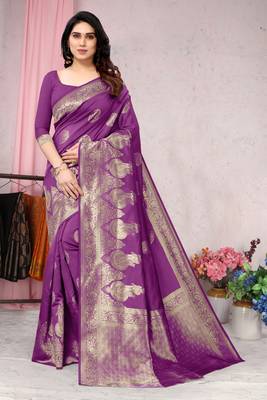 Purple woven Banarasi silk blend saree with blouse 1