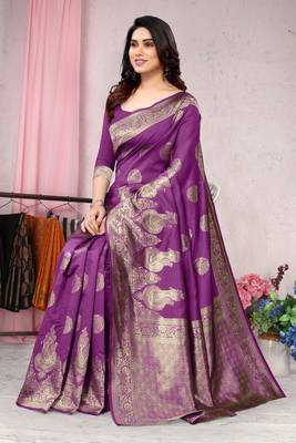 Purple woven Banarasi silk blend saree with blouse 2