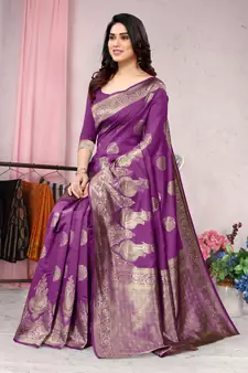 Purple woven Banarasi silk blend saree with blouse