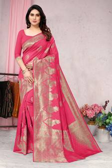 Pink woven Banarasi silk blend saree with blouse