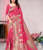 Pink woven Banarasi silk blend saree with blouse