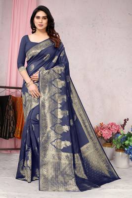 Navy blue woven Banarasi silk blend saree with blouse 1