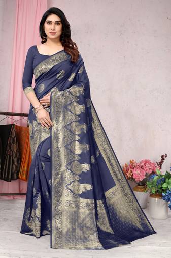 Navy blue woven Banarasi silk blend saree with blouse