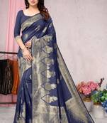 Navy blue woven Banarasi silk blend saree with blouse