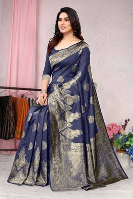 Navy blue woven Banarasi silk blend saree with blouse 2