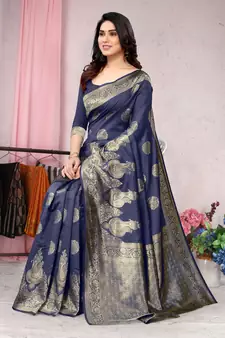 Navy blue woven Banarasi silk blend saree with blouse