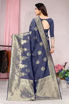 Navy blue woven Banarasi silk blend saree with blouse
