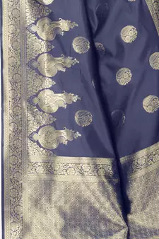 Navy blue woven Banarasi silk blend saree with blouse
