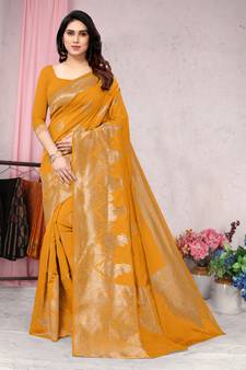 Mustard woven Banarasi silk blend saree with blouse