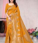 Mustard woven Banarasi silk blend saree with blouse