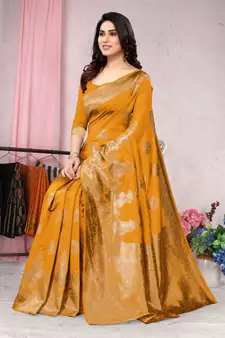 Mustard woven Banarasi silk blend saree with blouse
