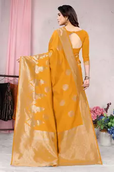 Mustard woven Banarasi silk blend saree with blouse