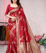 Red woven Banarasi silk blend saree with blouse