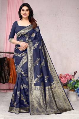 Navy blue woven banarasi silk saree with blouse 1