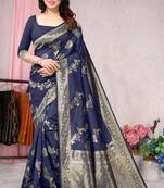 Navy blue woven banarasi silk saree with blouse