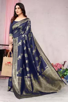 Navy blue woven banarasi silk saree with blouse